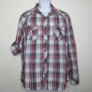 HELIX* Men's Long Tab Sleeve Button Down Curved Hem Chest Pocket Plaid Shirt~ XL